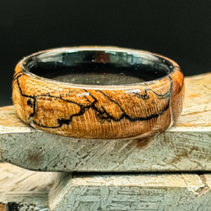 Exotic Wood Ring – SPALTED AMBROSIA MAPLE BURL • BLACK CERAMIC CORE